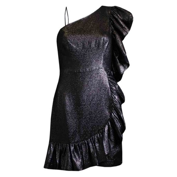 Sandro, Size S mini dress, One-Shoulder, Ruffles, Metallic black - Picture 1 of 5